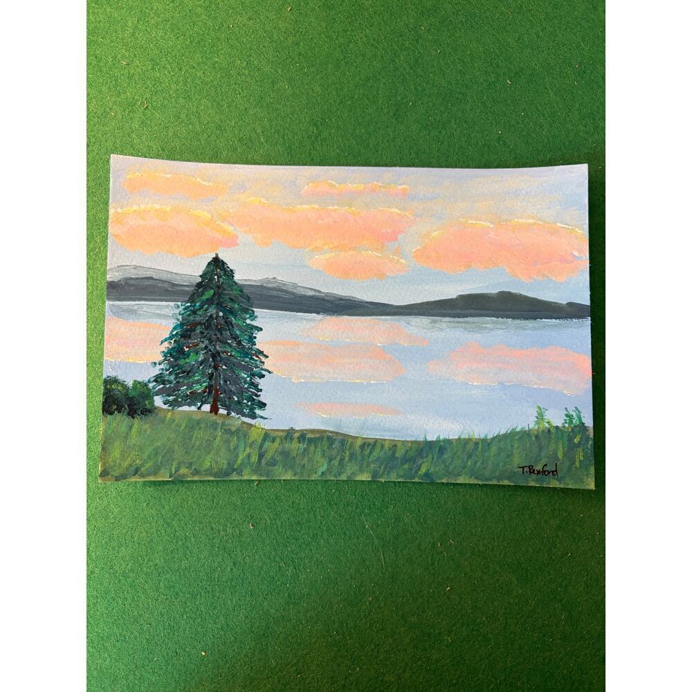 Hand painted gouache original painting landscape with water
